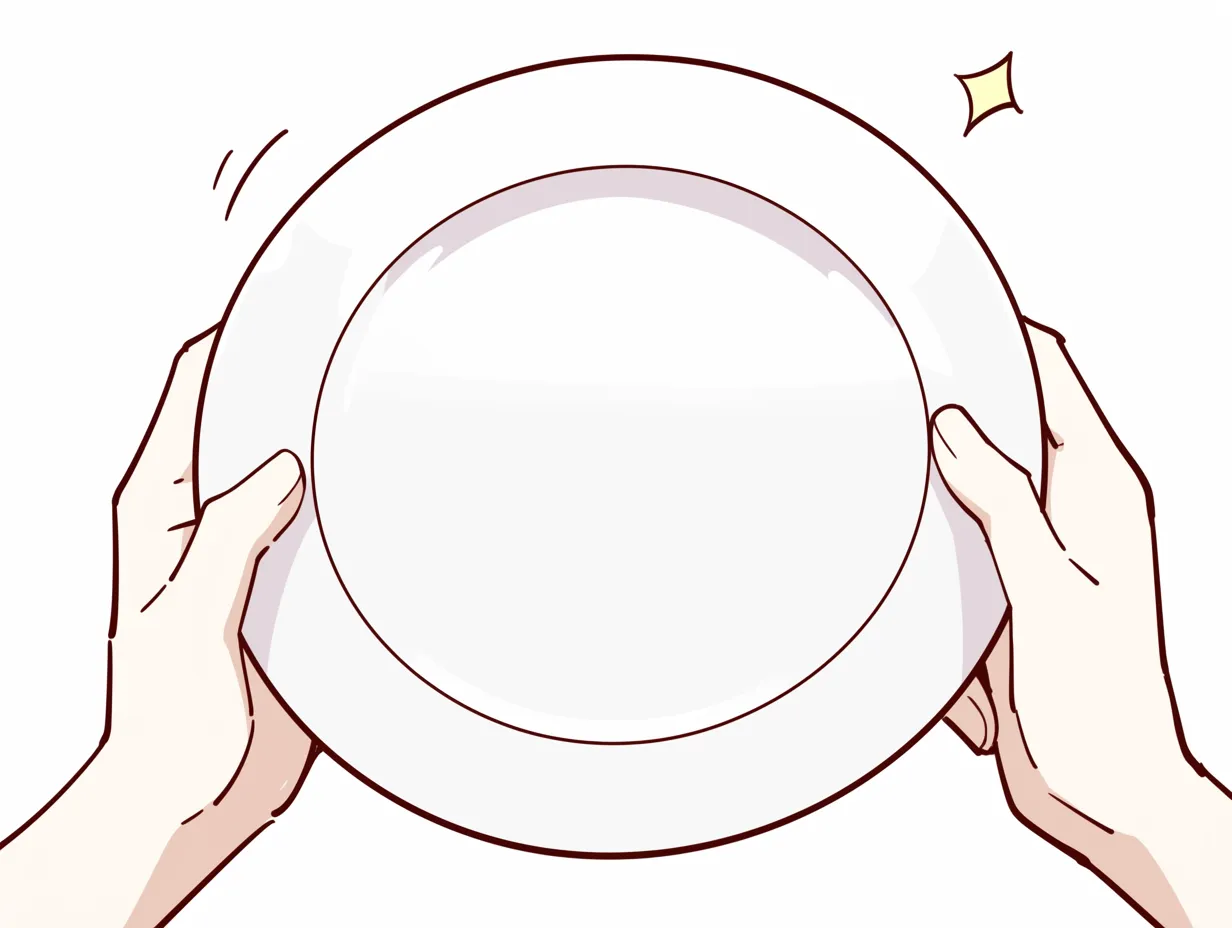 皿を持つ手１｜両手でしっかりと皿を支える様子が正面から描かれ、安定感のある構図に。手の動きに合わせた皿の傾きと小さな装飾が、生活感を添えている。