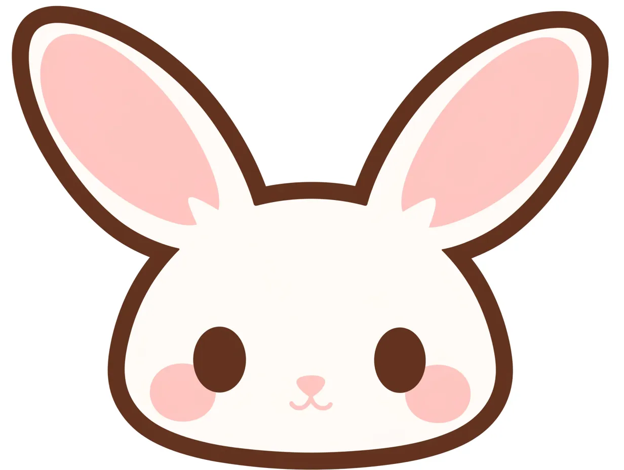 うさぎの顔とやさしさ｜輪郭のしっかりしたラインとピンクの配色で、うさぎの顔に安心感を持たせている。ほっぺの丸さと大きな耳が、見ているだけで心が和むようなやさしい印象を作っている。
