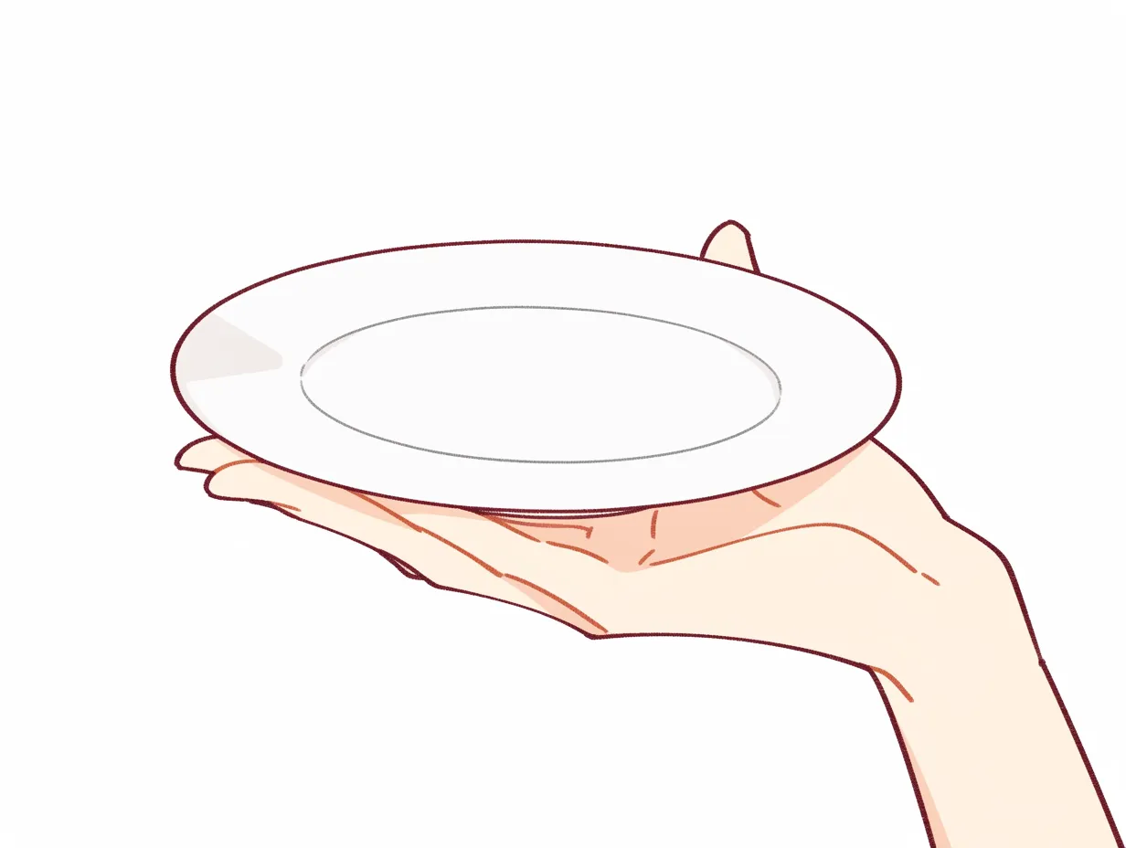 皿を持つ手３｜指の下から皿を支えるような持ち方が、やや優雅な所作を印象づける構図。指のカーブと手首のラインが柔らかさを強調している。