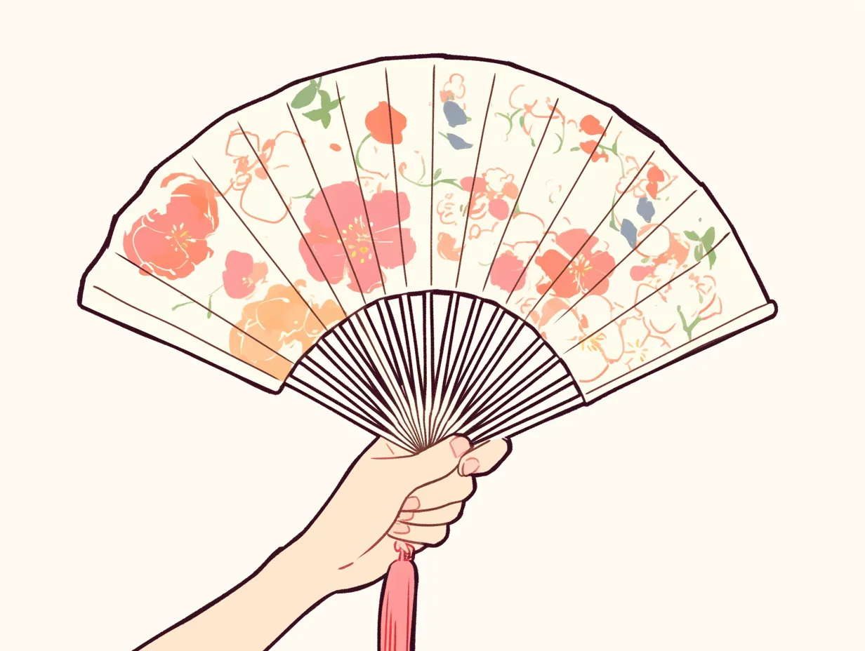 扇子を持つ手３｜花柄の扇子を中央に掲げた構図で、持ち手の指がしっかりと添えられている。色と線が美しく調和し、華やかな雰囲気を生んでいる。