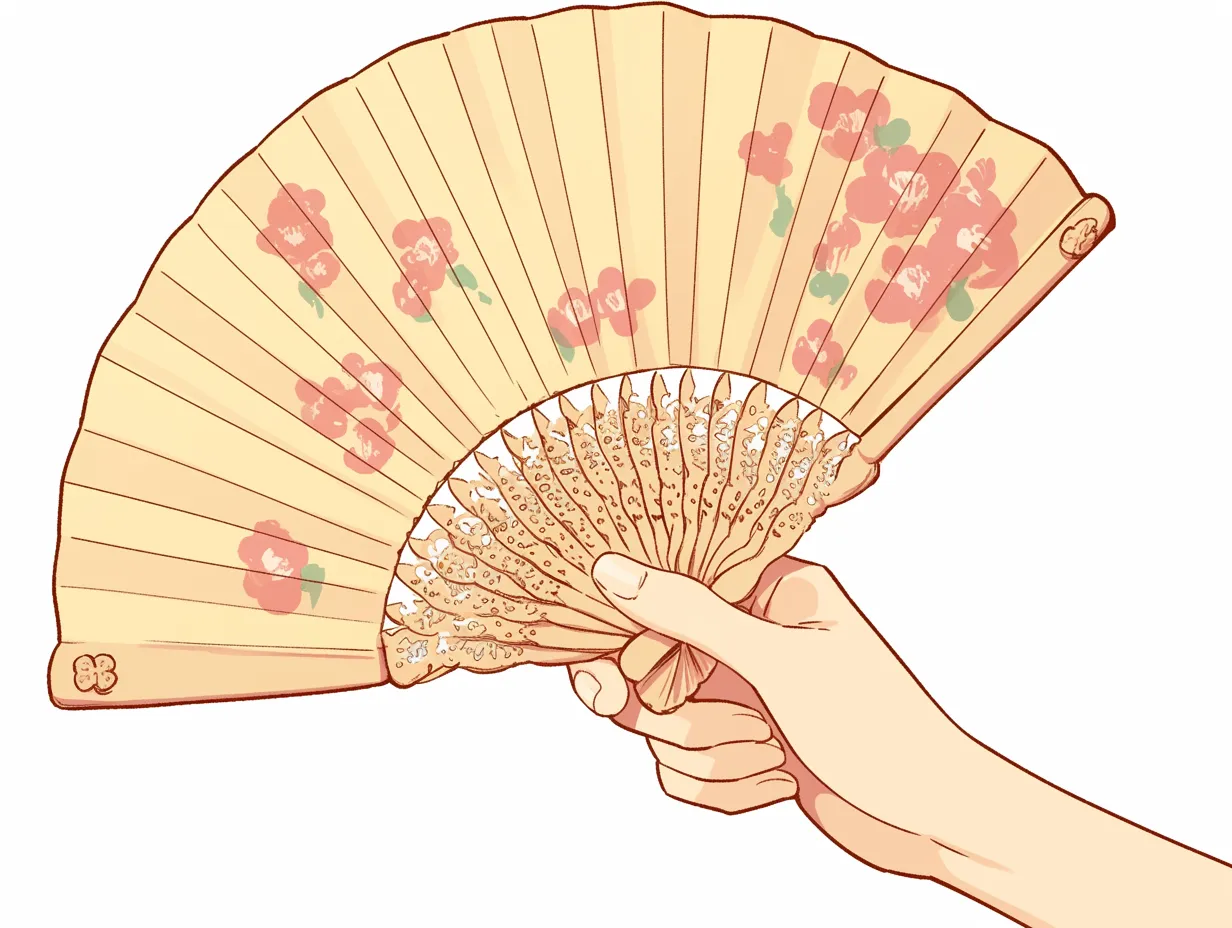 扇子を持つ手５｜繊細な装飾が施された扇子と、それを支える手の角度が調和した構図。親指の添え方が優雅な所作として描かれ、和の美しさが感じられる。