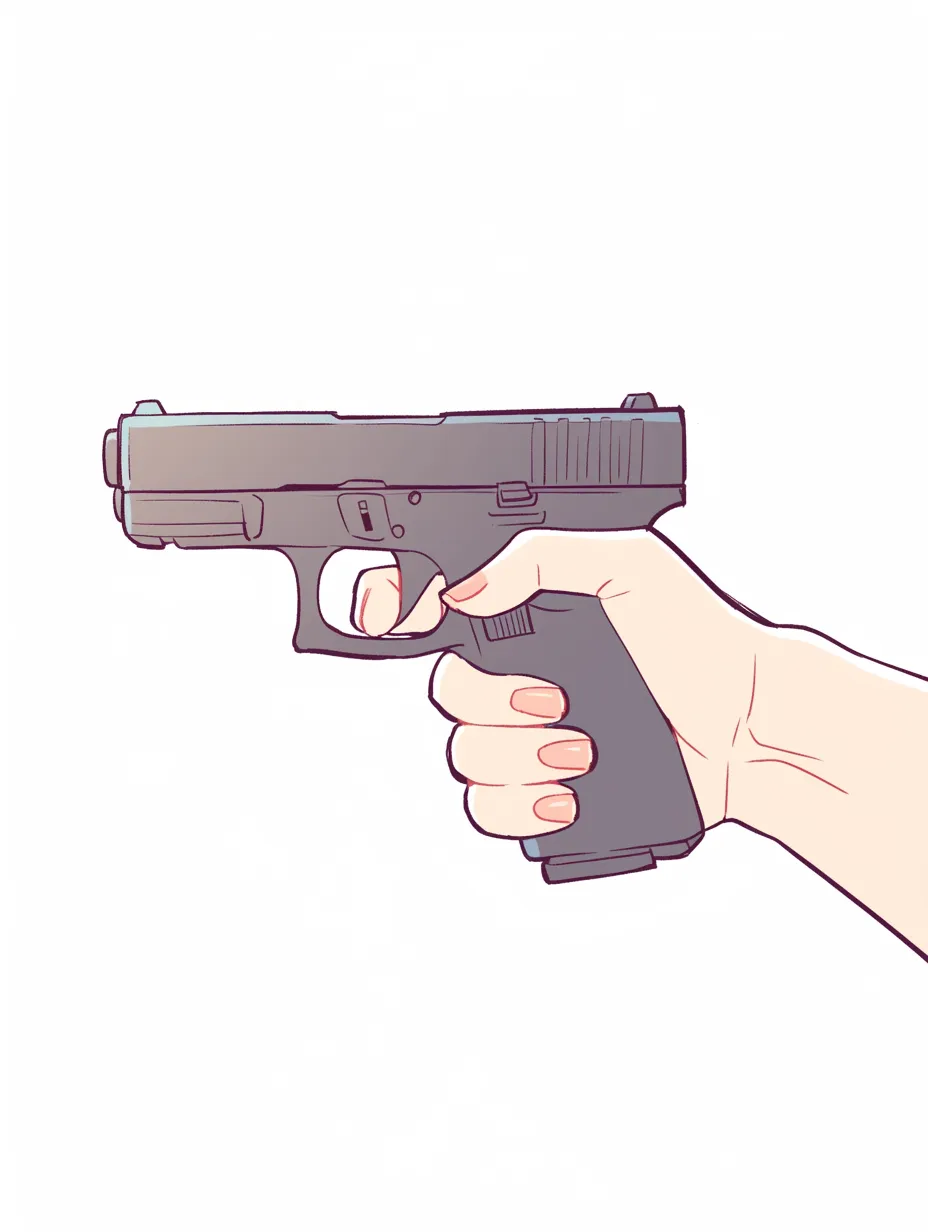 銃を持つ手１｜グリップをしっかりと包む手の形が安定感を生み、親指と人差し指の配置が構えの緊張感を際立たせるシンプルかつ効果的な構図。