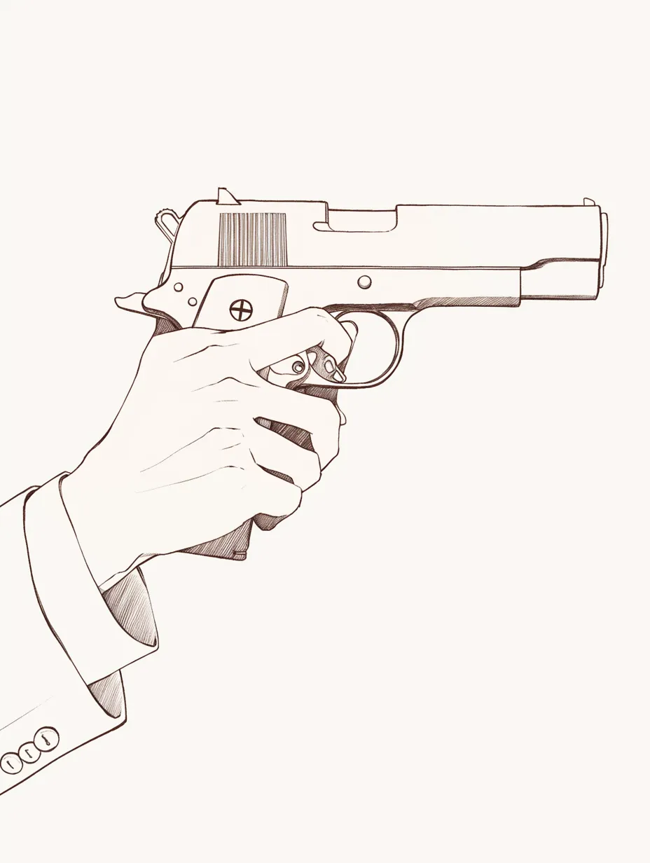 銃を持つ手３｜線画だけで構成されたスタイルが銃の硬質感を強調。人差し指の引き金にかける形と袖のディテールが静かな緊張を伝えてくる。