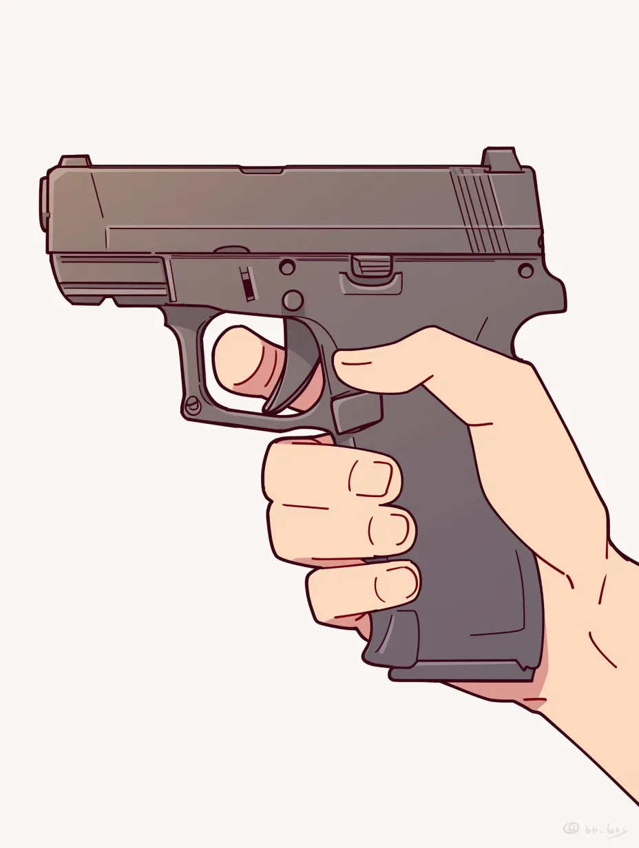 銃を持つ手４｜デフォルメに近いタッチながら、指の形や銃のパーツの描き分けが丁寧で、シンプルな構成の中に臨場感がしっかりと宿っている。
