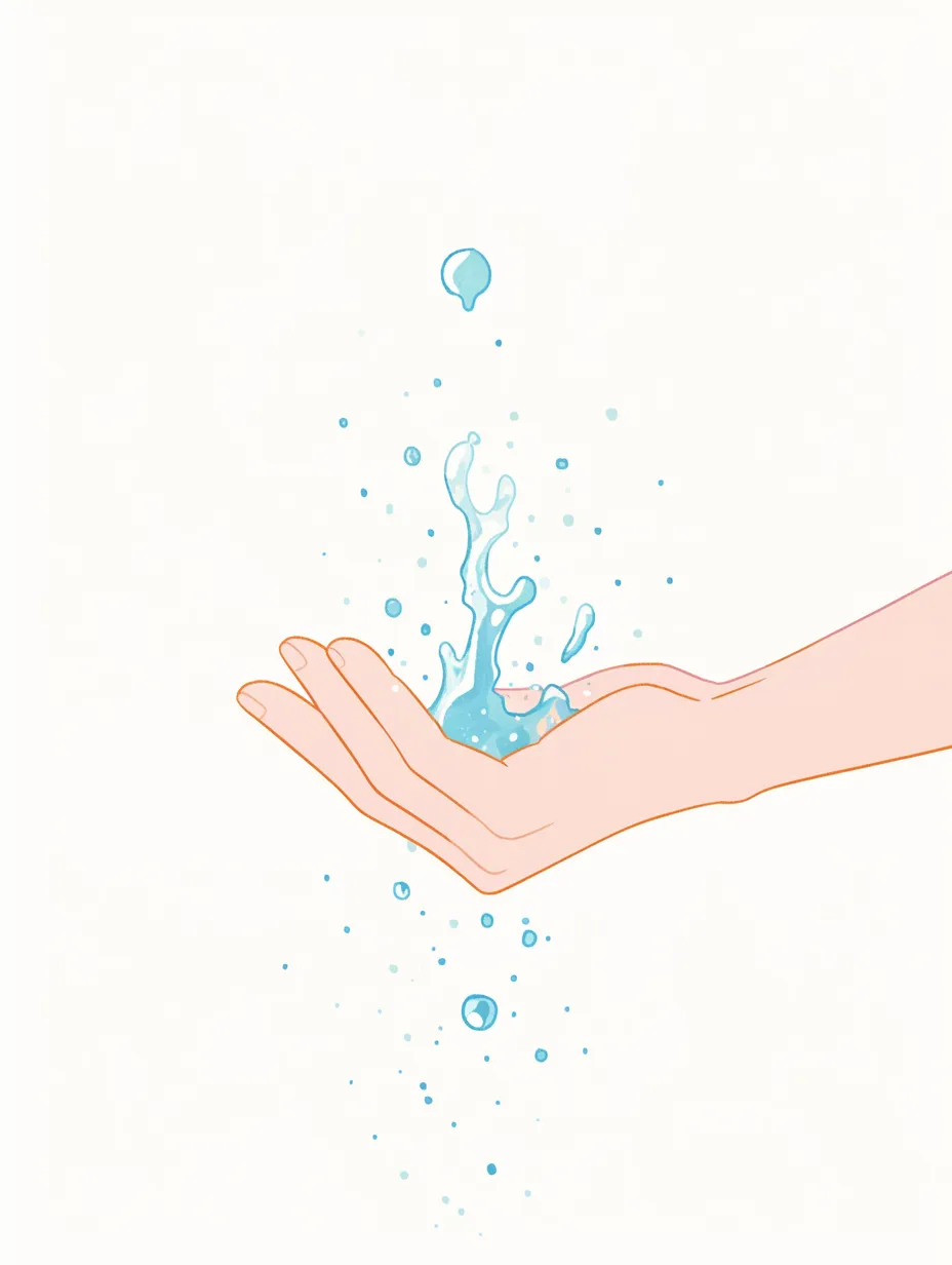 すくう手と水の雫｜舞い上がる水の雫が生き生きとした動きを添えるすくう手。手の形が自然で、液体との関係が軽やかに描き出されている。