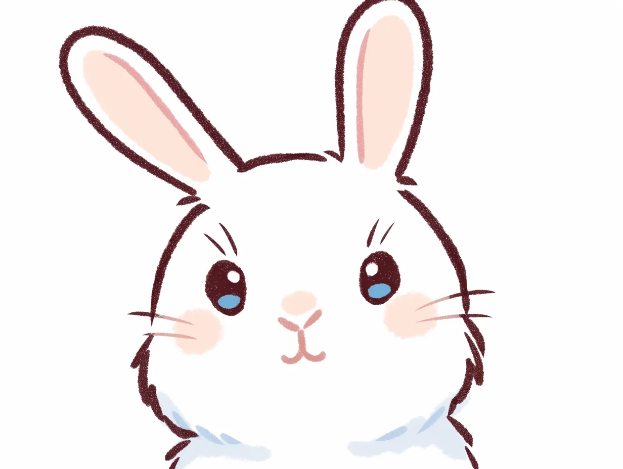 うさぎの顔と好奇心｜青い瞳と毛並みの立体感が、うさぎの顔に生き生きとした表情を添えている。視線の向きと口元の角度が、ちょっとした好奇心を感じさせる印象になっている。