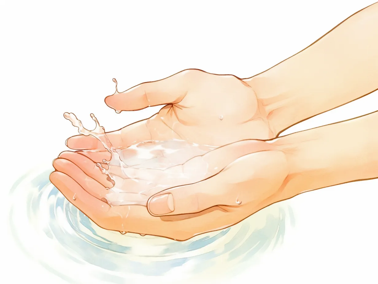 すくう手と湧き水｜水面の波紋と水滴がリアルに描かれ、両手でやさしくすくう手が瑞々しい印象を与える。水の透明感が爽やかさを際立たせる。