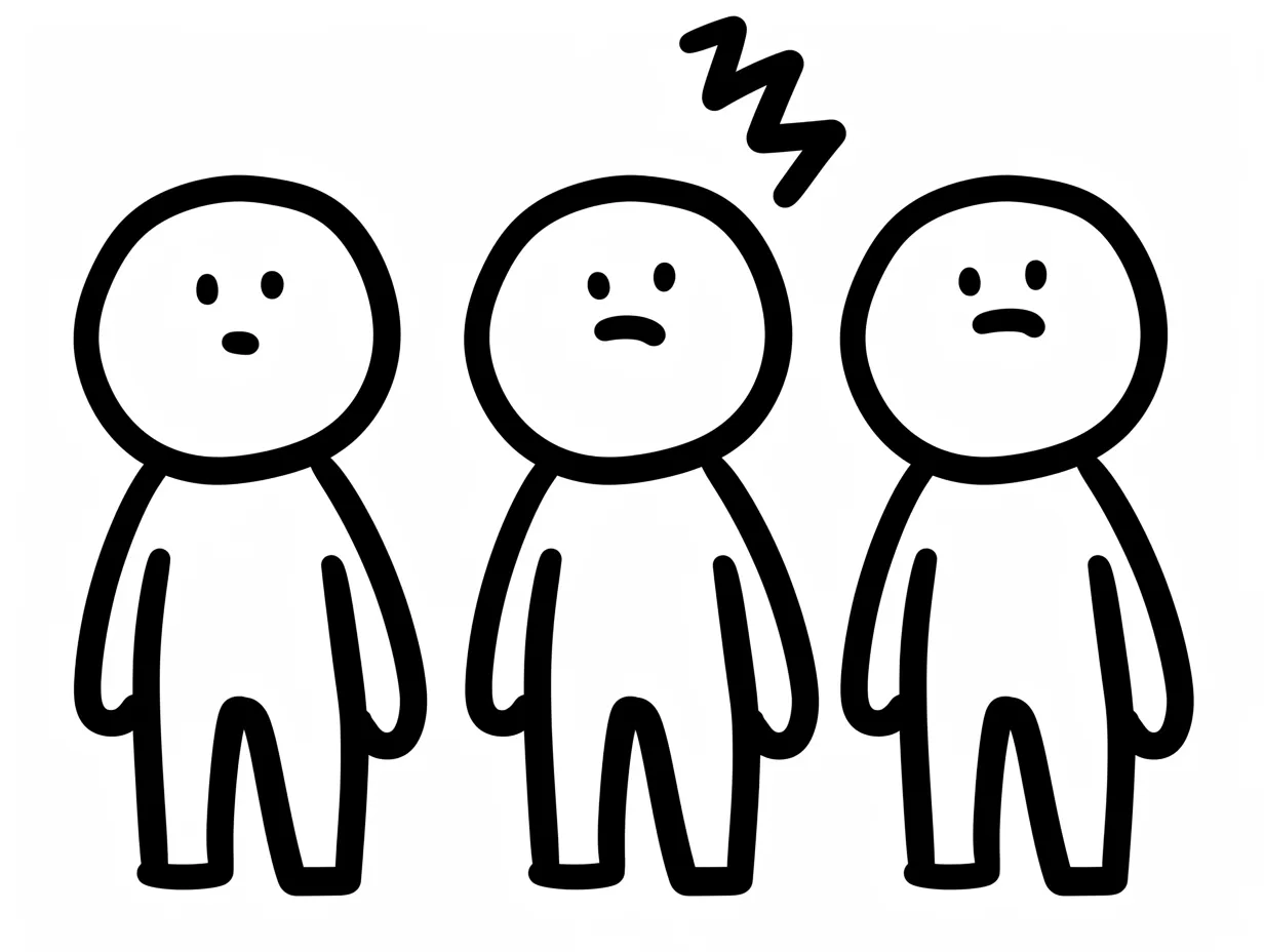 ゆるい顔の困惑隊｜あいまいな表情をした3人の並びが、なんとも言えない困惑感を醸す。ゆるい顔だからこそ伝わる空気の重たさが絶妙。