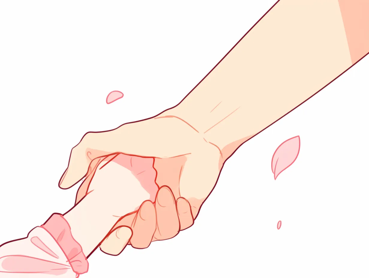 手を握る春風｜小さな手を包むように握る構図が親しみを生み出す。桜の花びらと手のサイズ差が、やさしい関係性と情景を浮かび上がらせる。