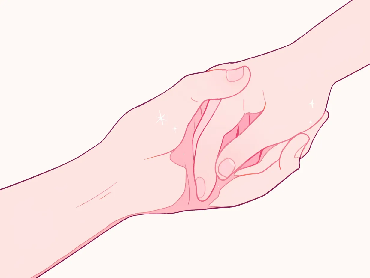 手を握るきらめき｜指と指が自然に絡み合い、手を握る瞬間にきらめく光が添えられている。密着した手の柔らかなラインが安心感を強調する。