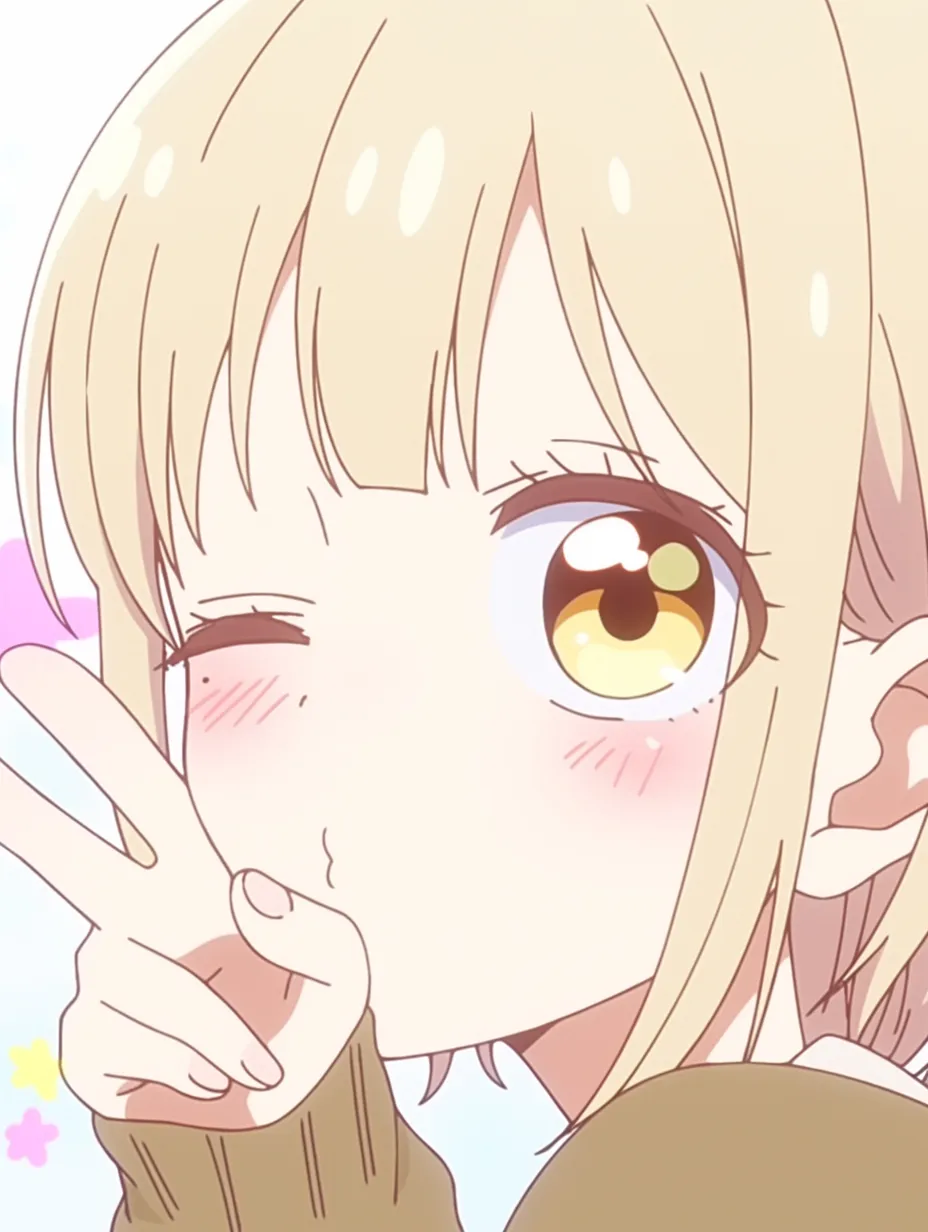 投げキッスと手のピース｜手の形と表情が一体になった投げキッスと手のピース。ぷくっとした口元とピースサインの組み合わせが、元気なキャラ性を際立たせる。