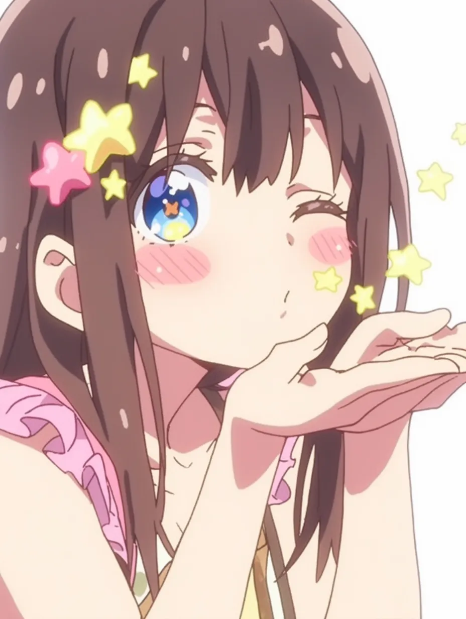 投げキッスと手の魔法｜星をまとう演出が印象的な投げキッスと手の魔法。大きな瞳の中のきらめきと手元からあふれる星が、夢のような空気を生んでいる。