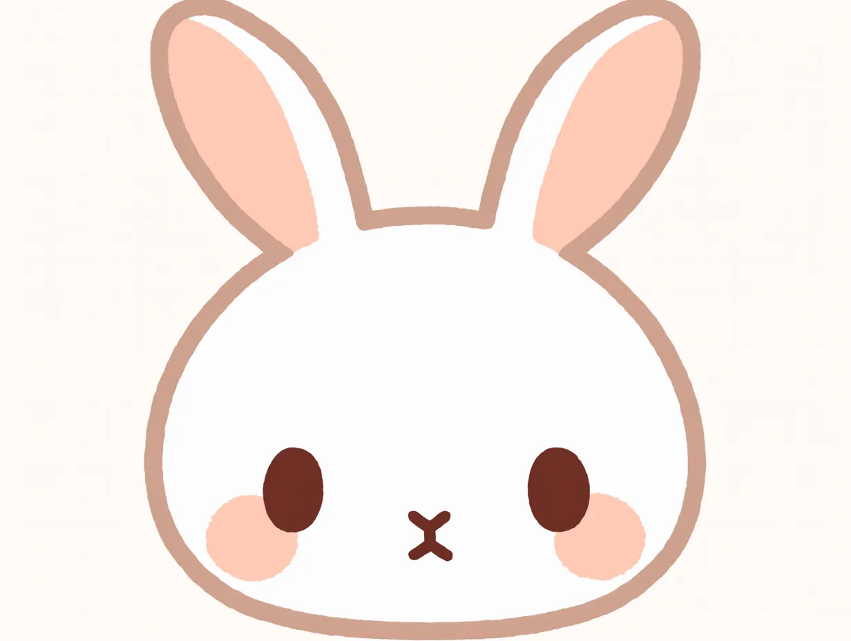 うさぎの顔と素朴さ｜ごくシンプルなパーツで構成されたうさぎの顔が、素朴で静かな雰囲気を持っている。輪郭線の柔らかさと、左右対称の配置が安定感を生んでいる。