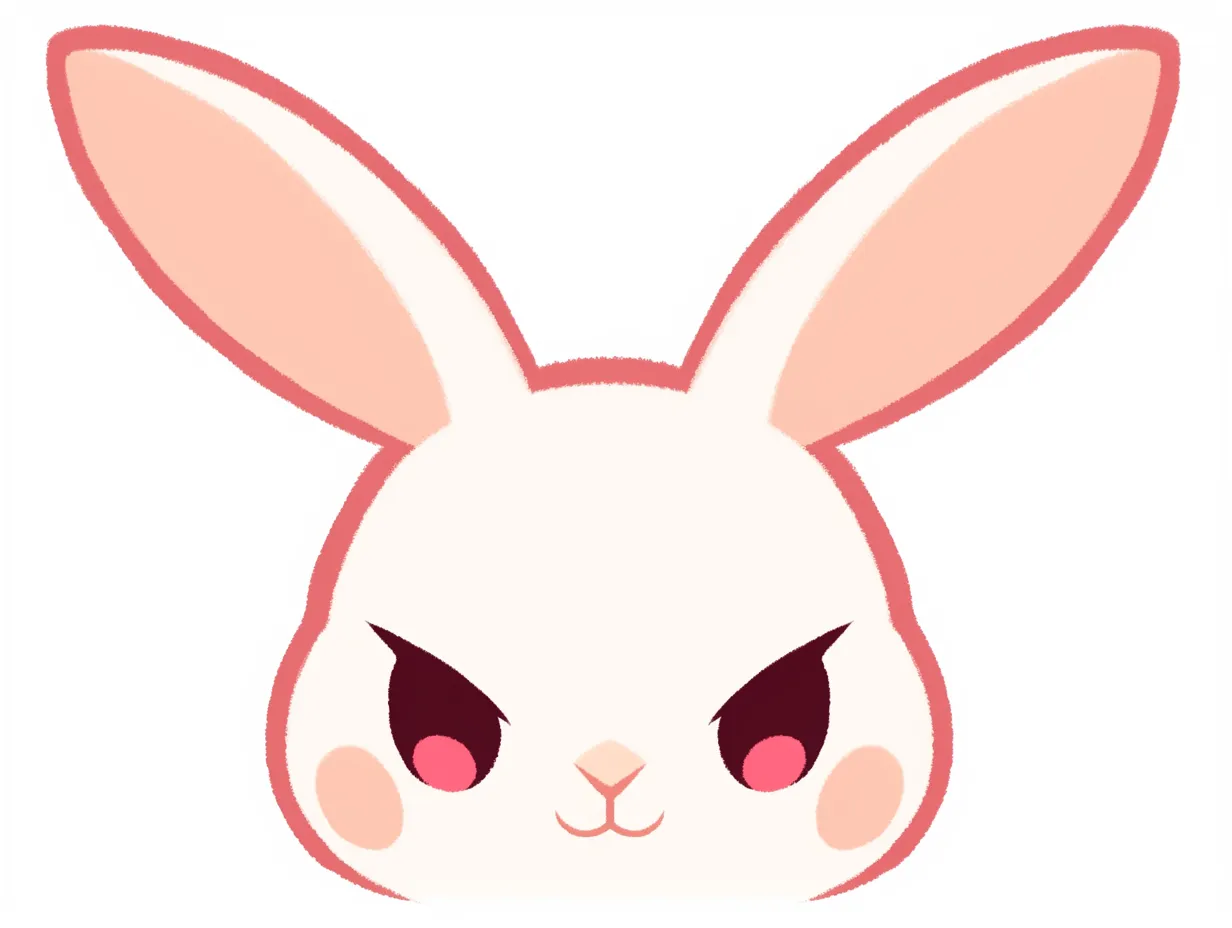 うさぎの顔と鋭い目｜鋭く吊り上がった目元と太い輪郭が、うさぎの顔に強さと意志を与えている。頬の赤みがキャラクターの表情を豊かにし、全体に力強い印象を残している。