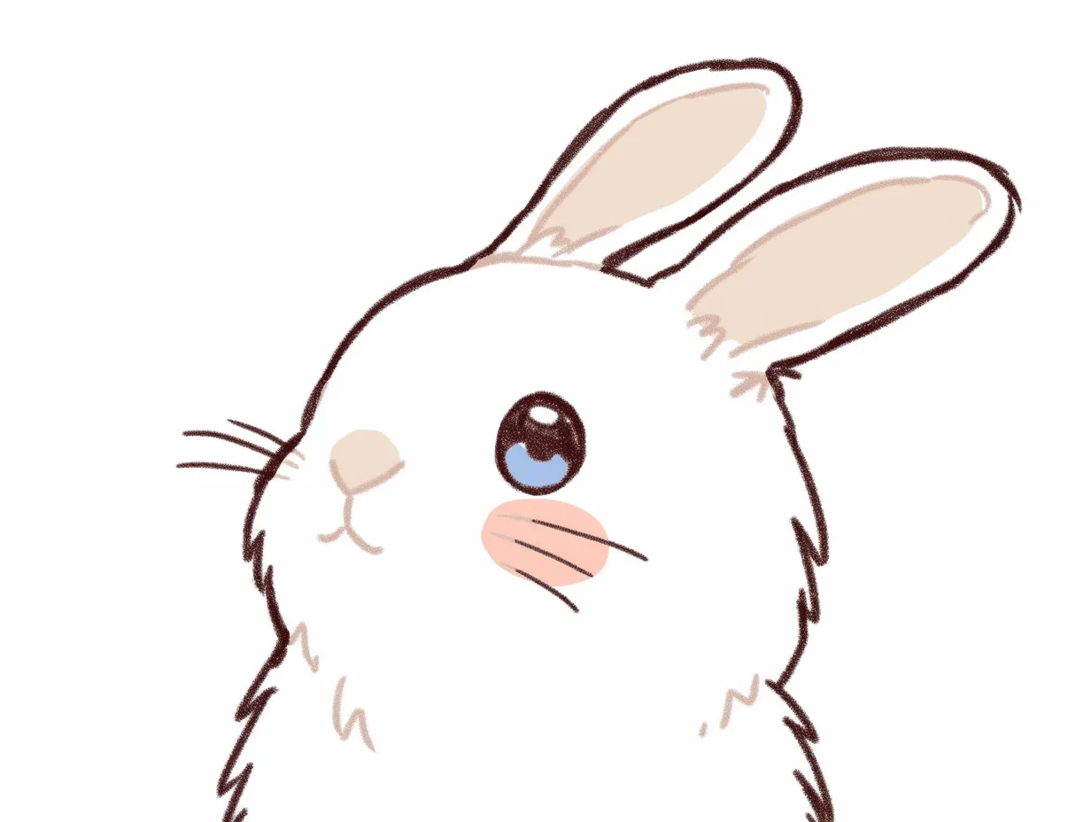 うさぎ横顔キュート｜ふわふわの毛並みと丸い青い瞳が印象的な横顔です。太めの輪郭線とチークのアクセントが、幼さと可愛らしさを強調しています。