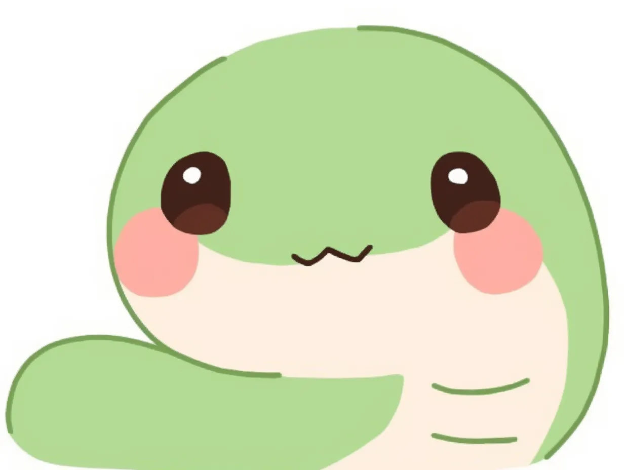 もっちり蛇の顔｜頬のふくらみや丸い胴体がもっちりとした質感を表現。シンプルな線と大きな目が、幼さと安心感を印象づける蛇の顔となっている。