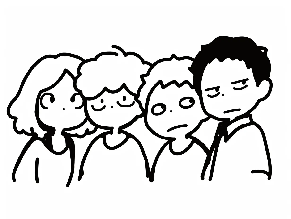 手書き顔の温度差｜4人それぞれの顔つきに温度差があり、手書き顔の多様性が際立つ構図。無言の空気感と表情のばらつきがじわじわ効いてくる。