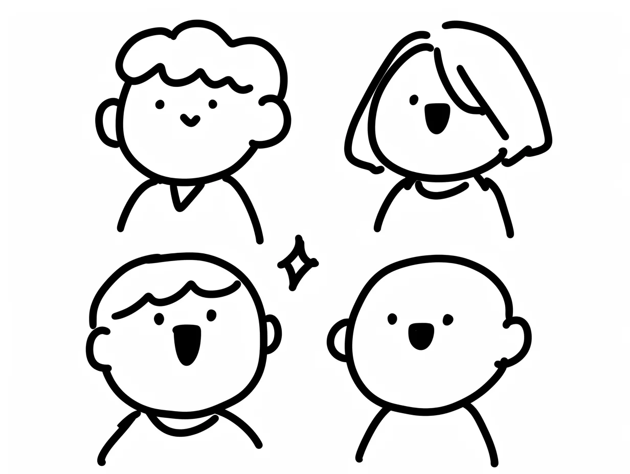 手書き顔の整列感｜縦横に並んだ手書き顔が、素朴な線と配置だけで視線を惹きつける。丸顔の均一さと開いた口の軽やかさが、軽妙な雰囲気を作る。