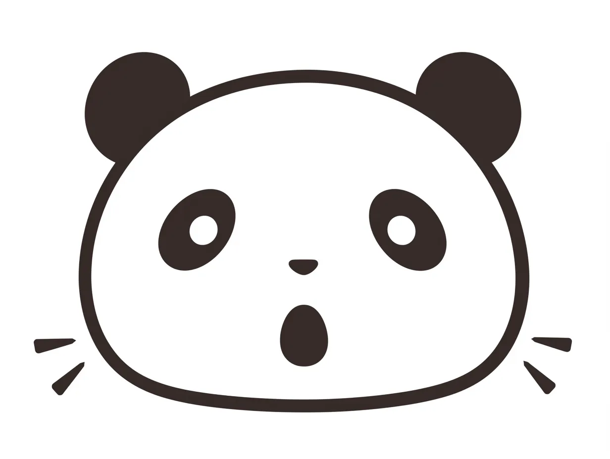 パンダの顔とびっくり線｜シンプルな線とモノクロの配色で構成されたパンダの顔。開いた口と左右の強調線が、驚きの感情を分かりやすく伝えている。
