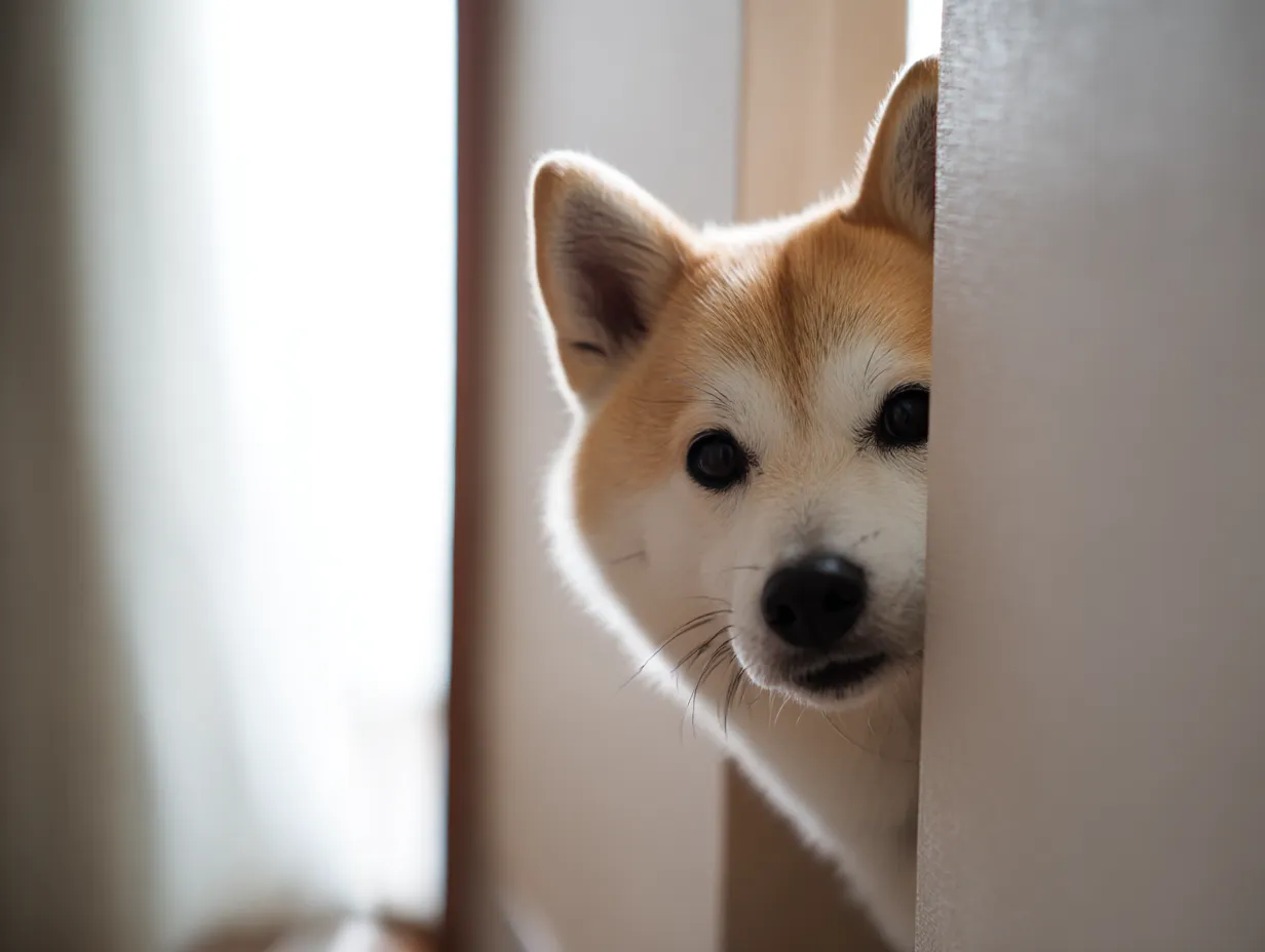 チラ見する可愛い柴犬｜ふと顔をのぞかせた柴犬が、つぶらな瞳でこちらを見つめてくる姿が印象的。柔らかい自然光が被毛をふんわり照らし、チラ見する可愛い仕草に素朴な親しみを感じるデザイン。
