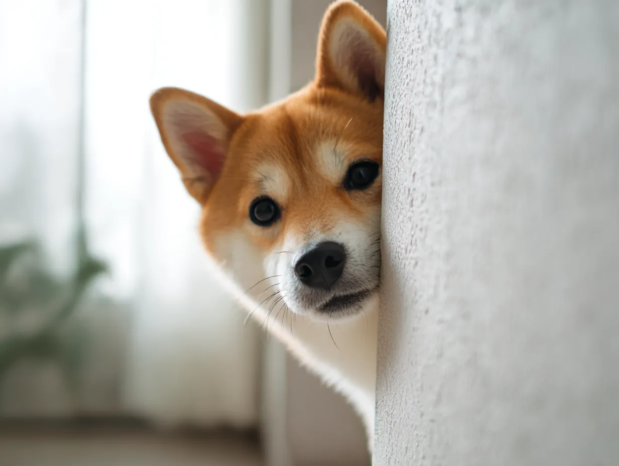 チラ見する可愛い柴犬（明るめ）｜明るい毛色の柴犬が壁の隙間からそっと顔を出す構図。背景の柔らかな光が全体にやさしさを添え、チラ見する可愛い表情にナチュラルな癒し感が漂うスタイル。