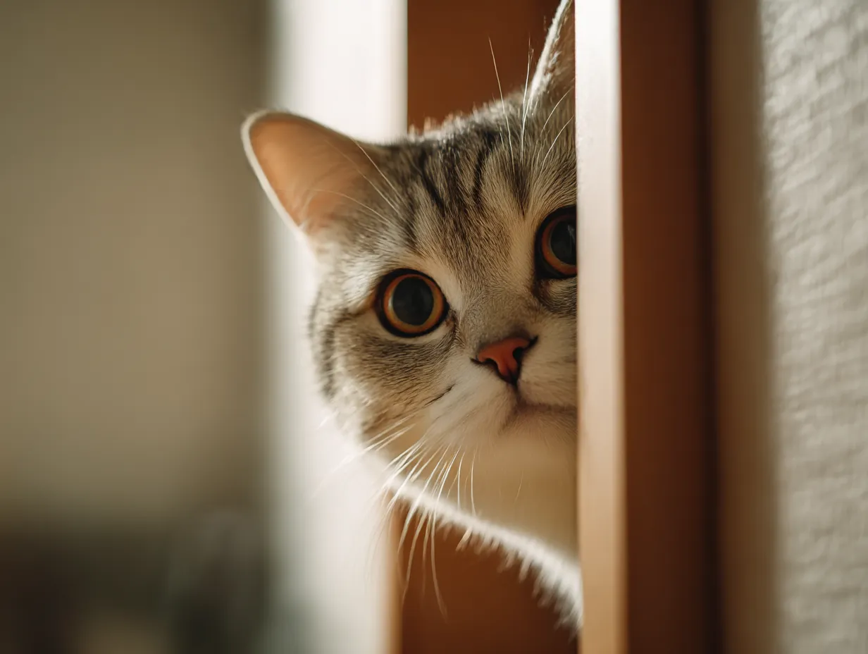 チラ見する可愛い猫｜木のすき間からこちらをのぞく猫を描いた一枚。優しい光に包まれた毛並みの描写が柔らかく、チラ見する可愛い視線に思わず微笑んでしまうリアルフォト風の作風。