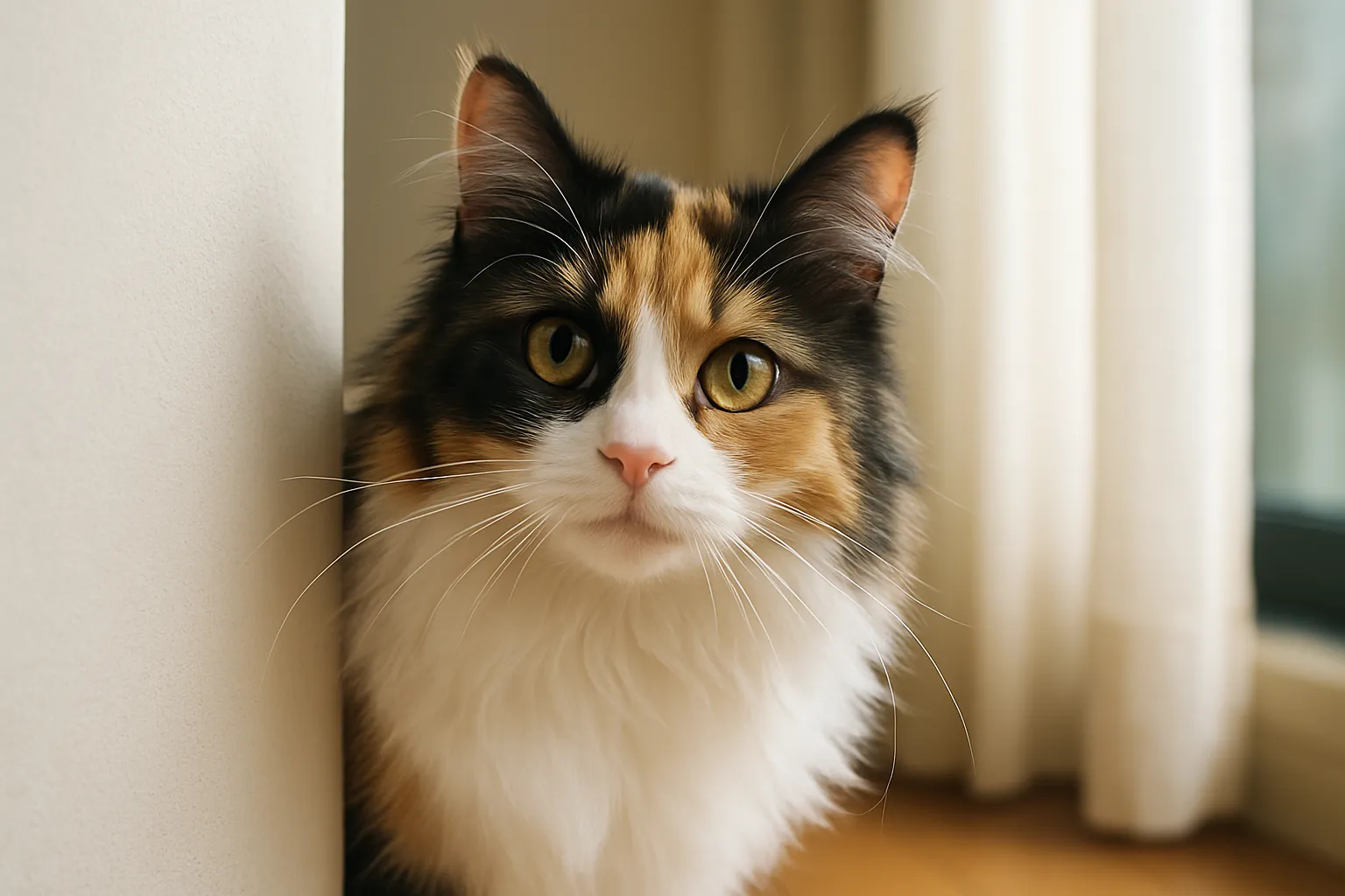 チラ見する可愛い長毛の三毛猫｜ふわふわの毛並みに光が差し込み、長毛の三毛猫のやさしい存在感が際立つ。チラ見する可愛い仕草がエレガントな印象とともに表現されたスタイル。