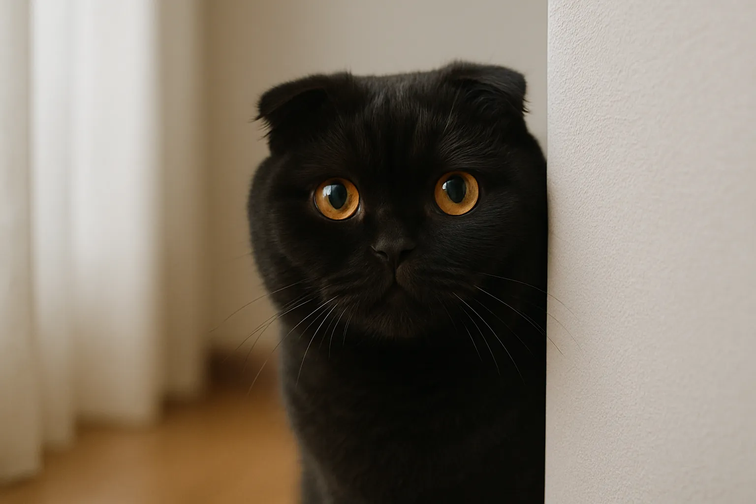 チラ見する可愛い黒スコティッシュフォールド｜まんまるの瞳でそっとこちらを見つめる黒スコティッシュフォールド。柔らかな光の中で「チラ見する可愛い」印象を強調し、ぬくもりある室内シーンに溶け込む自然な存在感を表現しています。