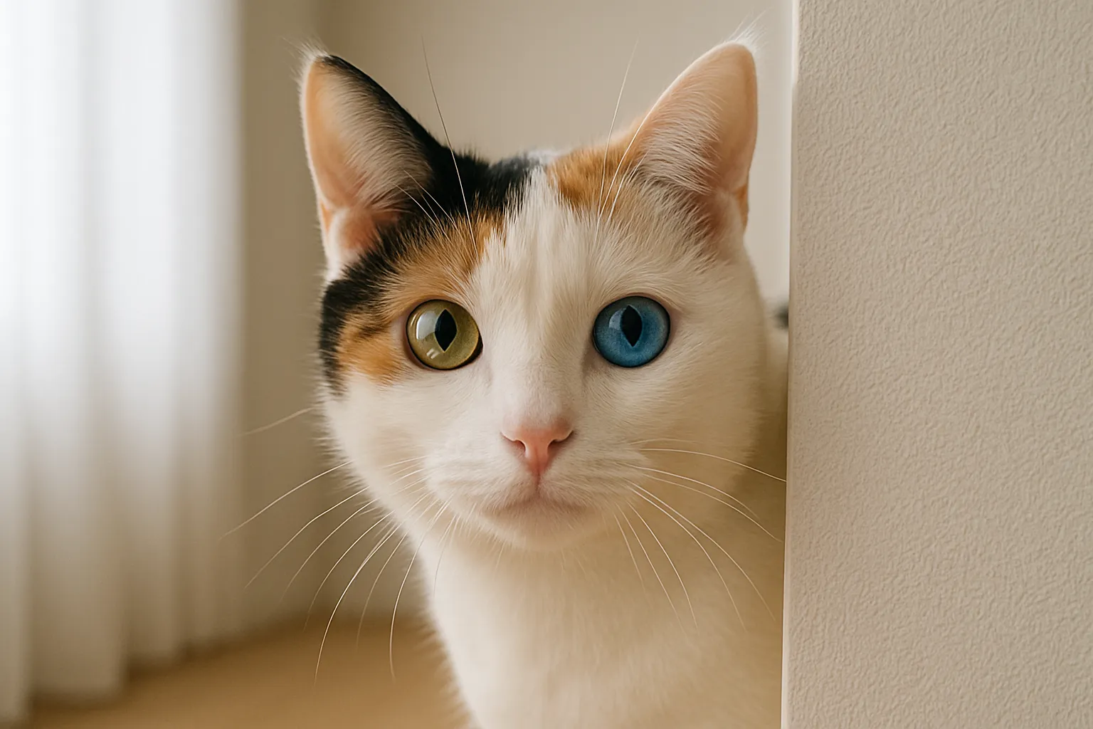 チラ見する可愛いオッドアイの猫｜異なる瞳の色が印象的な猫が壁の向こうからそっとのぞく構図。チラ見する可愛い仕草が静かな室内の雰囲気と溶け合い、不思議な魅力を放つデザイン。
