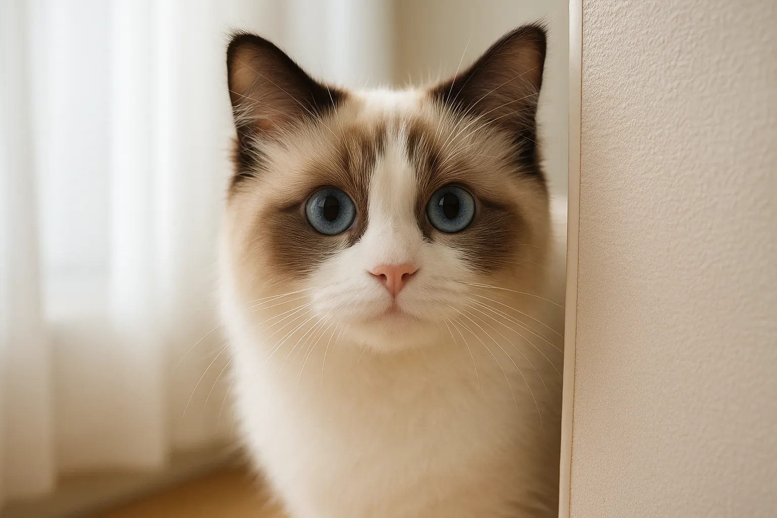 チラ見する可愛いブルーアイの猫｜美しいブルーの瞳を持つ猫が、好奇心いっぱいに壁の陰からこちらを見ています。「チラ見する可愛い」動きに奥ゆかしさと清涼感を感じる、やさしい色彩設計が魅力です。