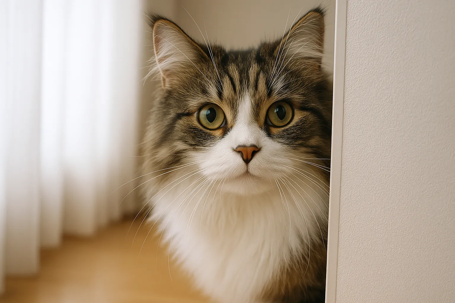 チラ見する可愛いノルウェージャンフォレストキャット｜豊かな毛並みと気品あるたたずまいが美しいノルウェージャンフォレストキャット。ふとした横顔にチラ見する可愛い雰囲気がのぞき、上品さの中に親しみを感じさせます。