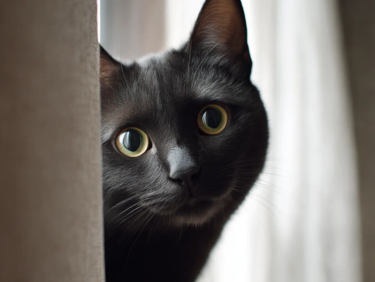 チラ見する可愛い黒猫｜カーテンのすき間から見つめる黒猫が主役。繊細な毛の光沢感とチラ見する可愛い表情が映える、落ち着いたトーンのスタジオ風スタイル。