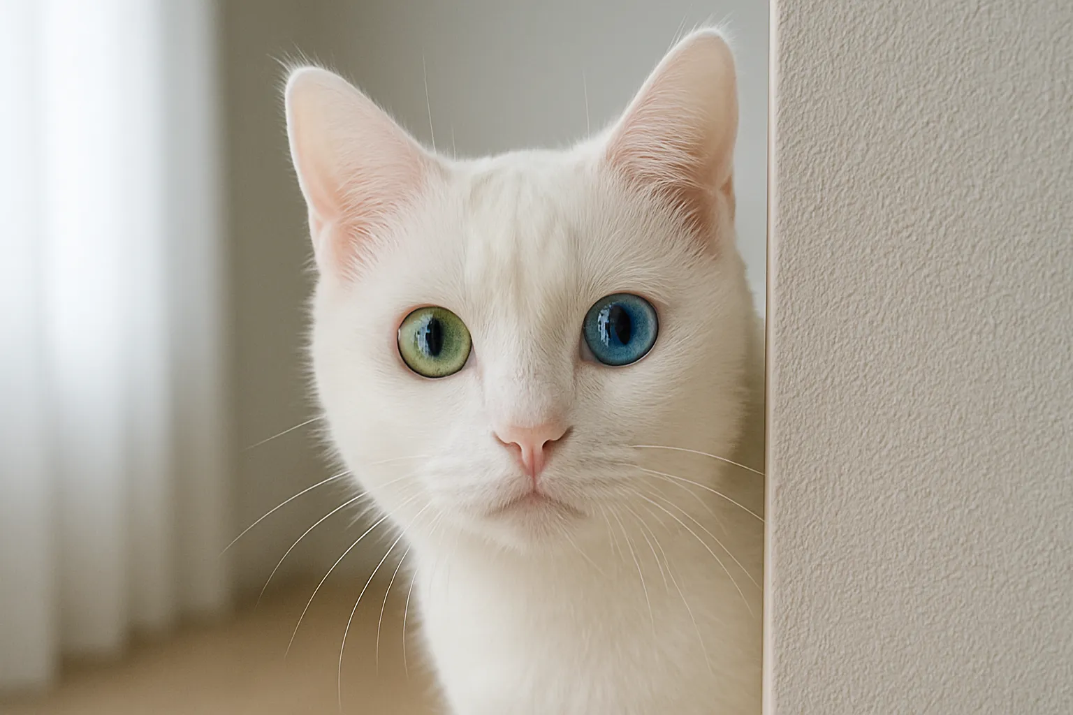 チラ見する可愛いオッドアイの白猫｜壁の影から顔をのぞかせた白猫のオッドアイが幻想的な印象。チラ見する可愛い仕草と清潔感ある色調が調和し、静かな美しさを感じさせる一枚。