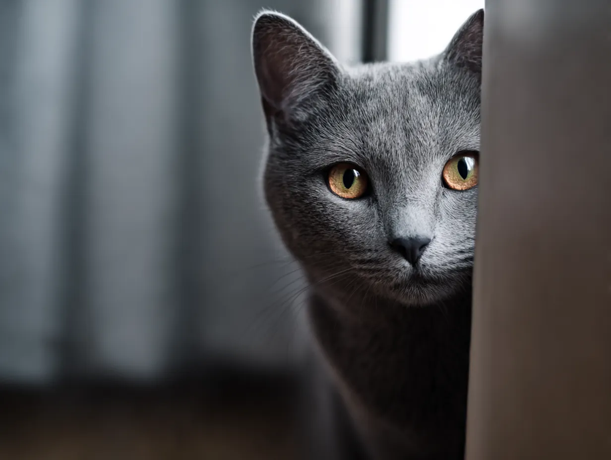 チラ見する可愛いグレー猫｜グレーの毛並みに繊細な光が差し込む中、奥からひょっこり顔を出す視線が魅力的。チラ見する可愛い瞬間を静かでクールな色調で丁寧に切り取ったリアル系タッチ。