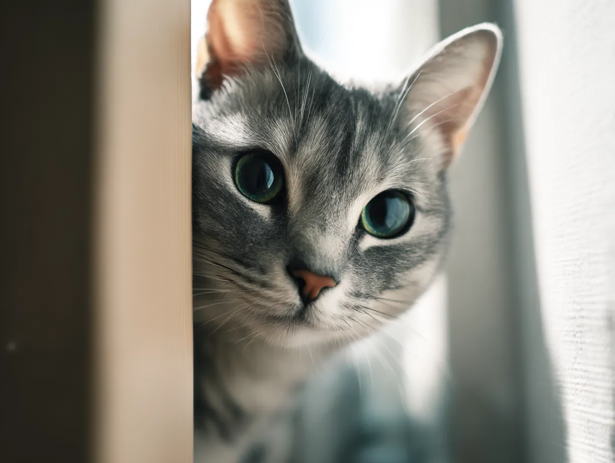 チラ見する可愛いサバトラ｜毛並みの美しい模様が光の加減で浮かび上がるサバトラ猫。チラ見する可愛い視線とクールな表情のギャップが印象的な一枚に仕上がっている。