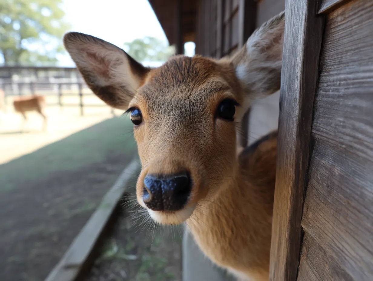 チラ見する可愛い鹿｜木造の建物からのぞく小鹿の視線が「チラ見する可愛い」仕草として映える。繊細な毛並みと素朴な表情が、牧場ののどかさと安心感を引き立てている。