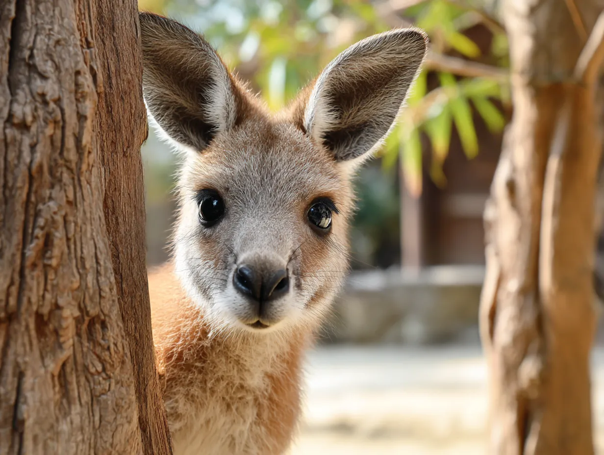 チラ見する可愛いカンガルー｜まんまるの目とふわふわの毛並みが印象的なカンガルーの子ども。チラ見する可愛い雰囲気が自然光の柔らかさと相まって、穏やかな癒しを感じさせます。