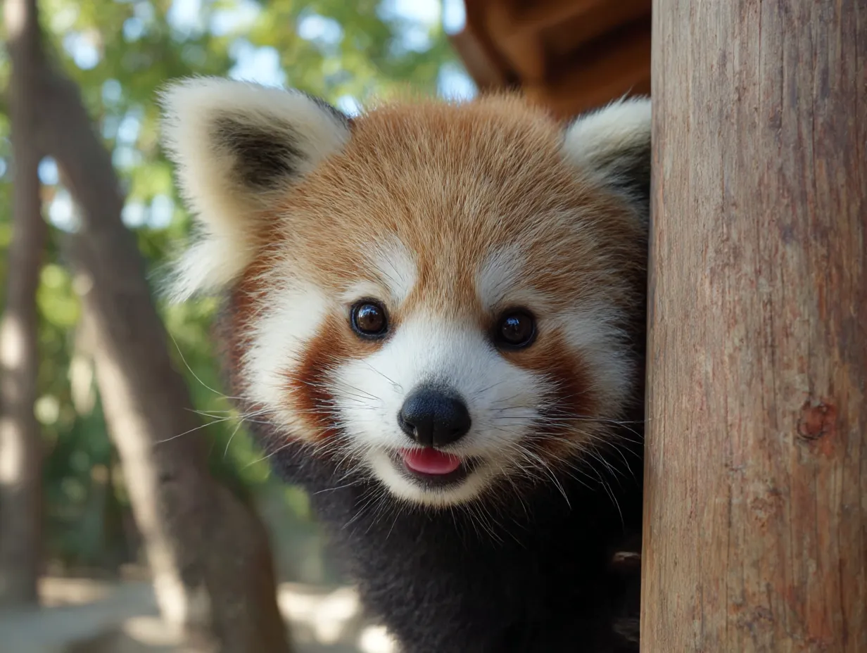 チラ見する可愛いレッサーパンダ｜木のかげから顔をのぞかせるレッサーパンダは、表情豊かでコミカルな印象。チラ見する可愛い仕草と赤茶の毛並みが映えるデザインです。