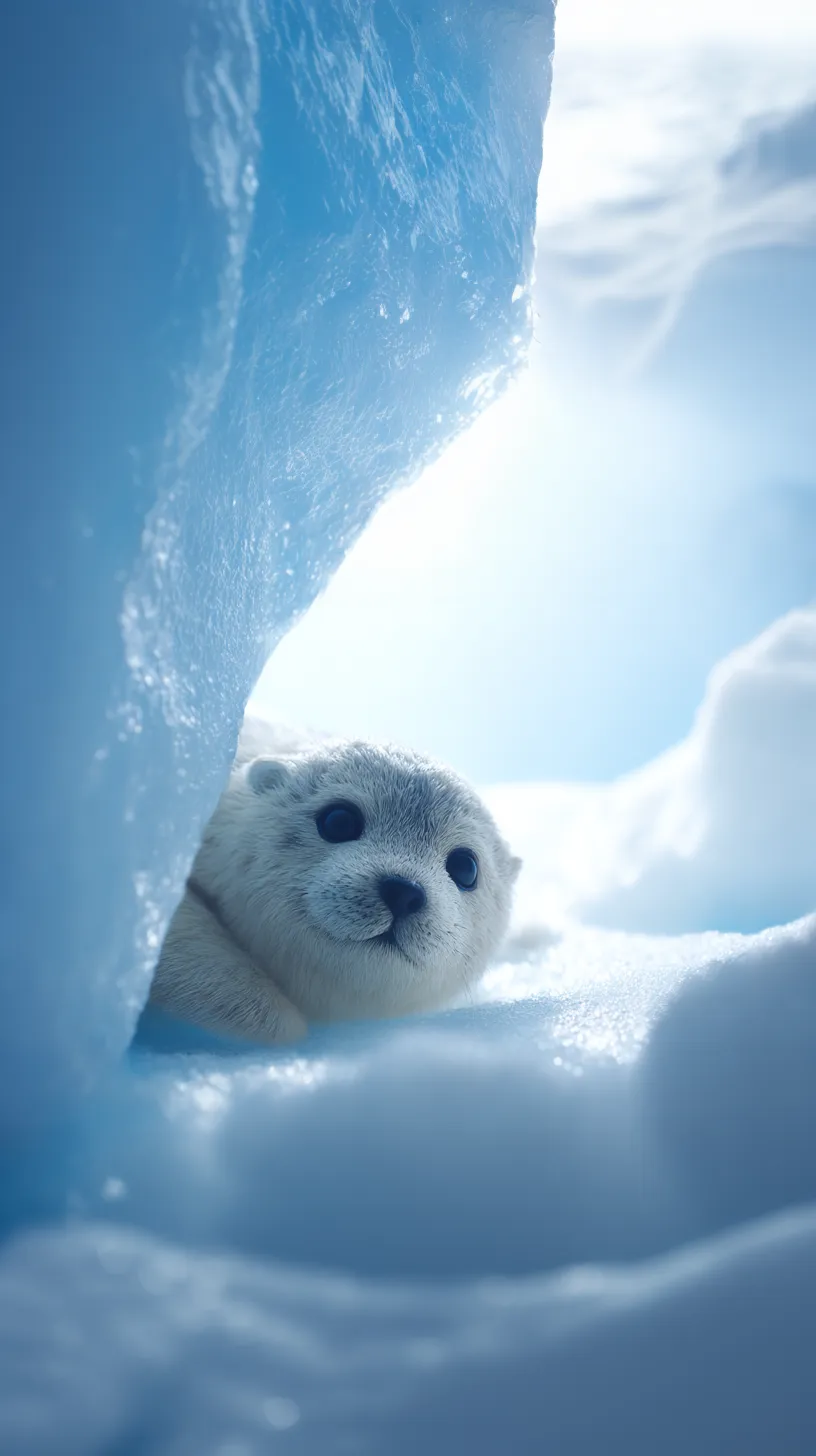 チラ見する動物の壁紙｜雪と氷に囲まれた環境から顔を出すアザラシの赤ちゃんをリアルに描写。澄んだ青と白の色彩が静けさを演出し、ひょっこりとチラ見する姿に優しい驚きと癒しが広がります。