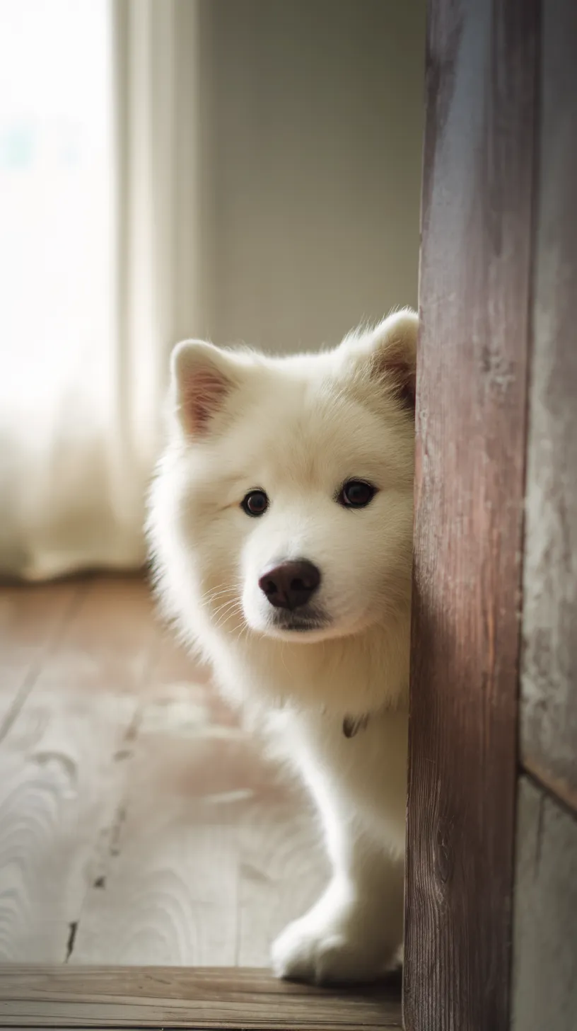 チラ見する犬の壁紙｜木の柱の陰からチラ見する白い犬が、ほのかな光に包まれて立体的に浮かび上がる構成。柔らかい毛並みと自然な視線が、穏やかな時間を演出します。