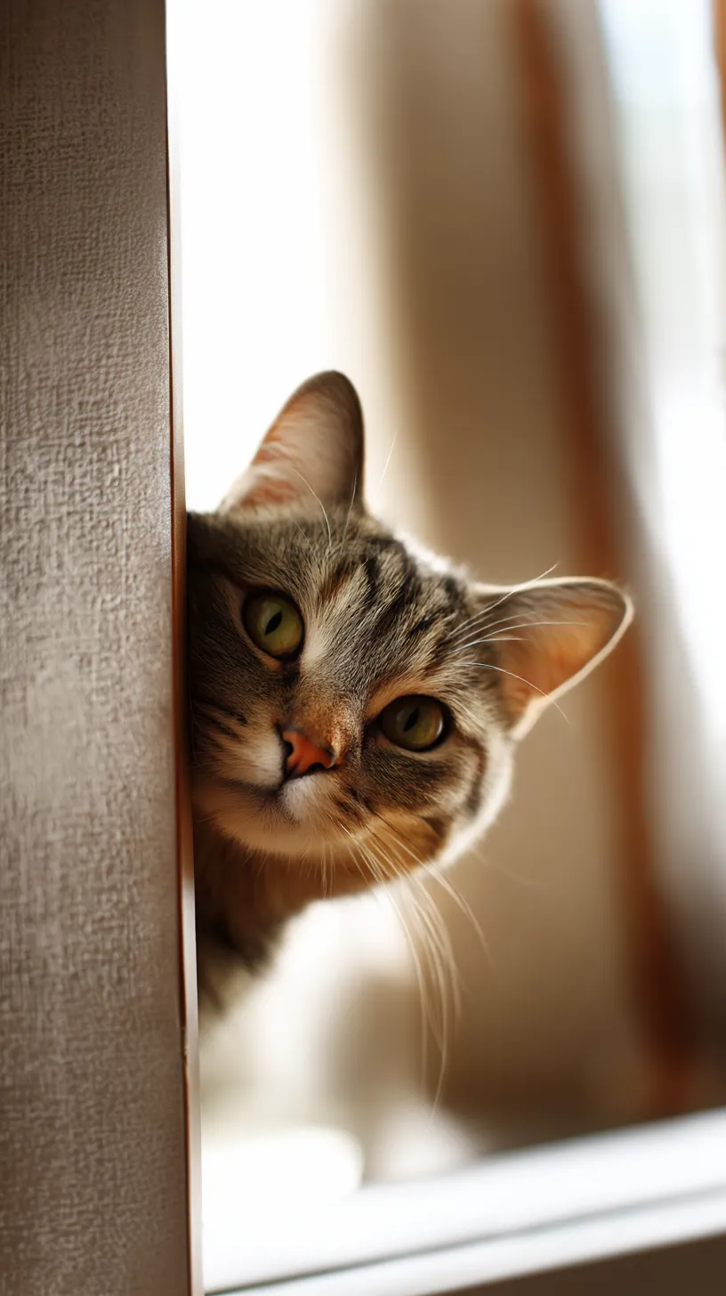 チラ見するかわいい猫の壁紙｜木のすき間からのぞく猫の表情をナチュラルに切り取った一枚。穏やかな色調と優しい光の中でチラ見する姿が、さりげない癒しと温もりを感じさせます。