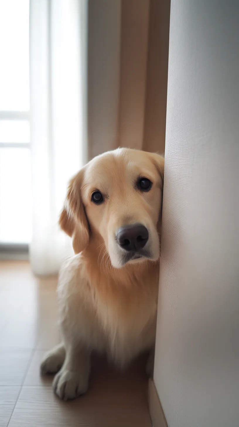 チラ見する犬の壁紙｜優しい眼差しでチラ見するゴールデンレトリバーが、落ち着いた木目調の空間に映える一枚。毛並みの質感がリアルに表現され、安心感が漂います。