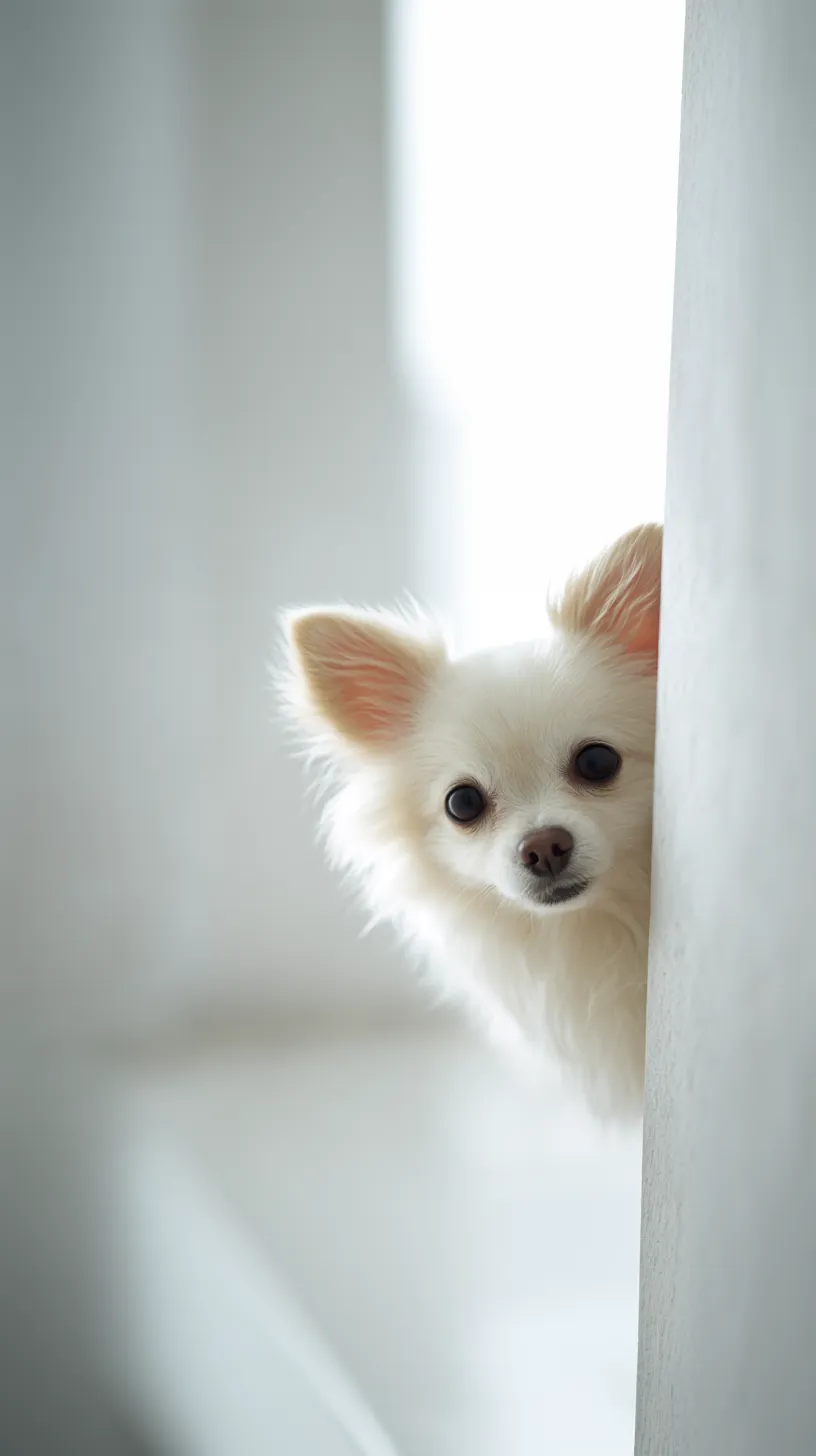 チラ見する犬の壁紙｜壁のかげから顔を出すチワワがチラ見する瞬間を繊細に描写。白くやわらかな毛並みと明るい背景が相まって、軽やかで清潔感のある印象に仕上がっています。
