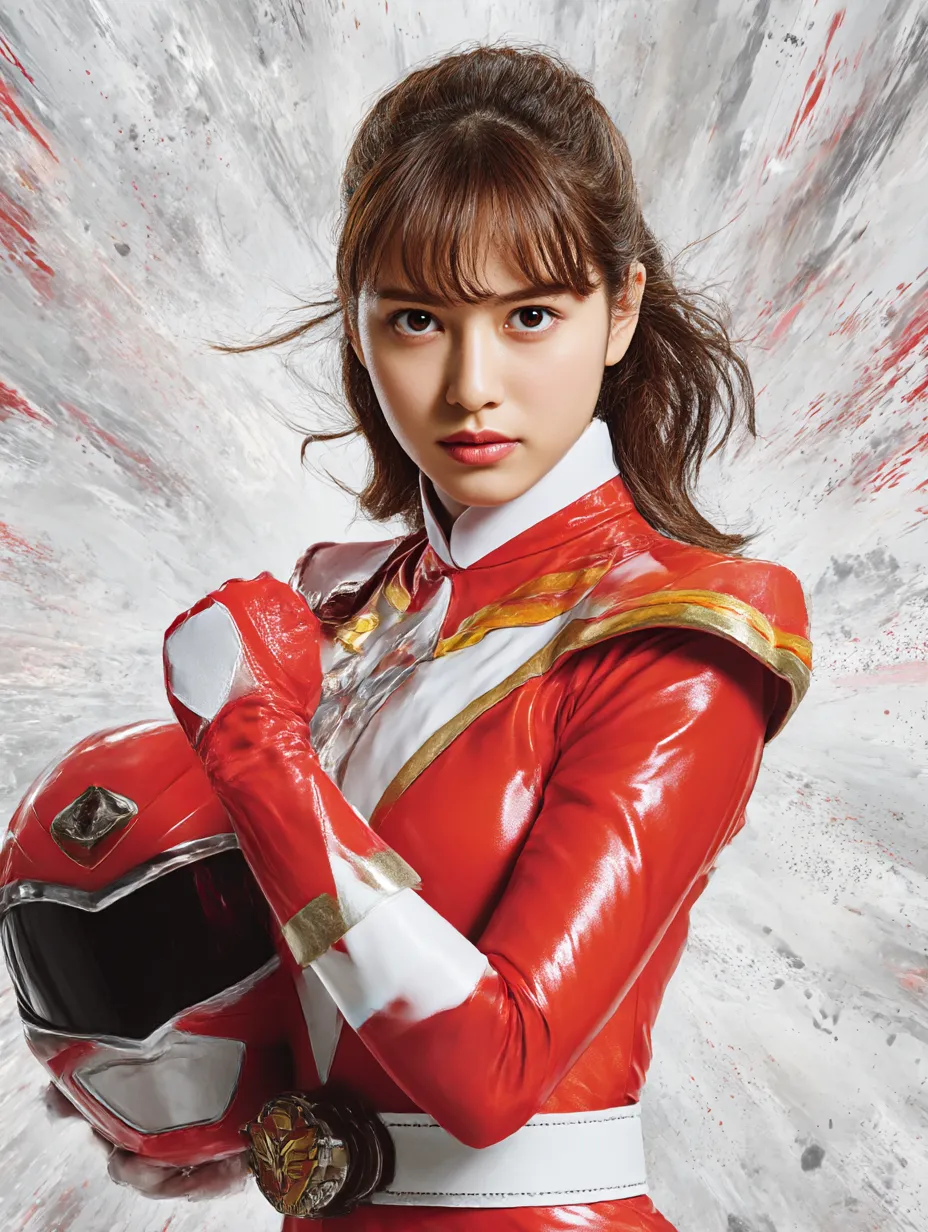 戦隊ヒロイン・レッド決意の眼差し｜精密な質感のレッドスーツと鋭い視線が印象的な戦隊ヒロインのポートレート。緊張感と美しさを兼ね備えたスタイリッシュなビジュアル。