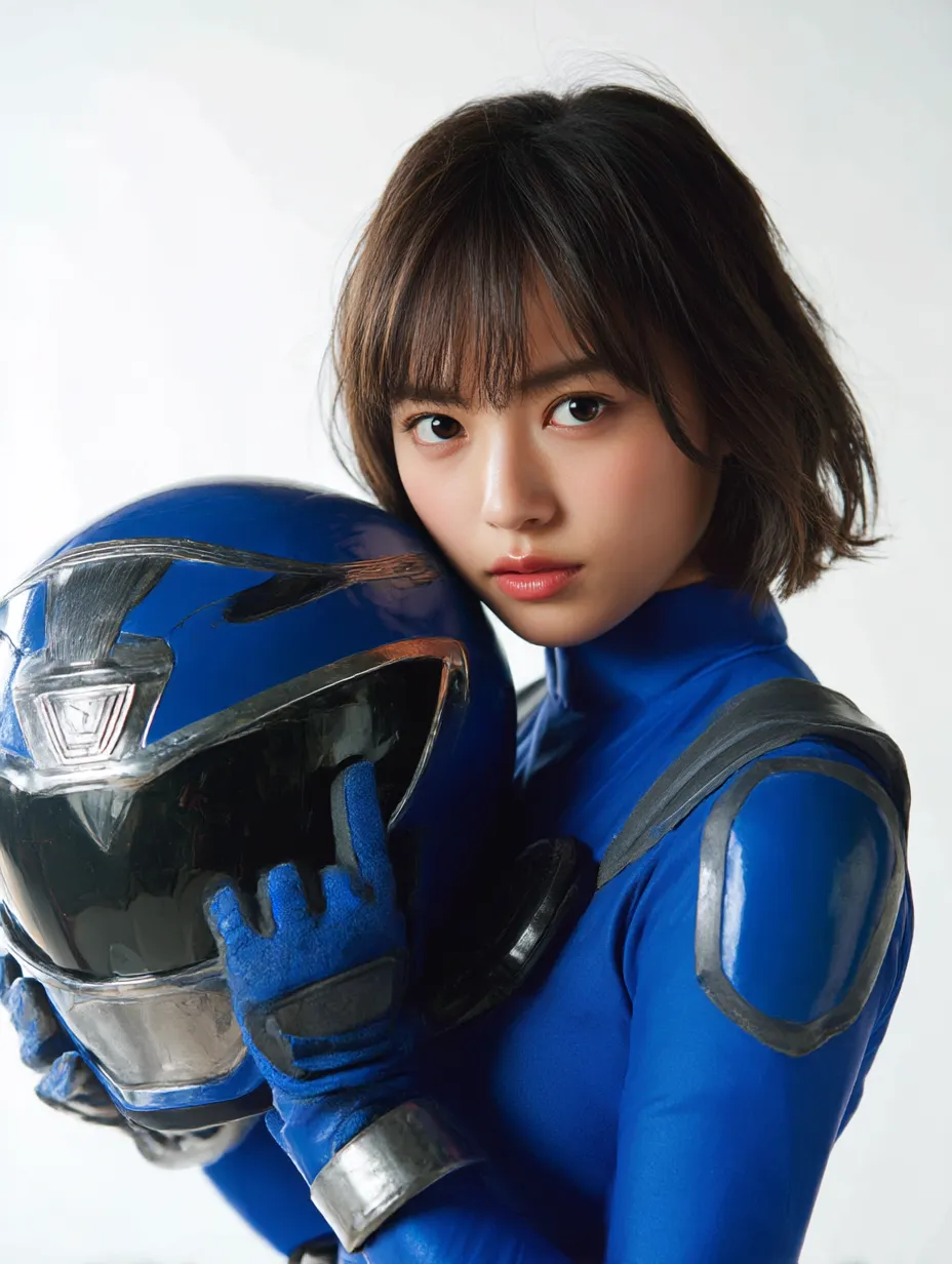 戦隊ヒロイン・ブルー静かな闘志｜ブルーのスーツとヘルメットを静かに見つめる戦隊ヒロイン。シンプルな背景と繊細な表情が、冷静で芯の強いキャラクター性を引き立てている。