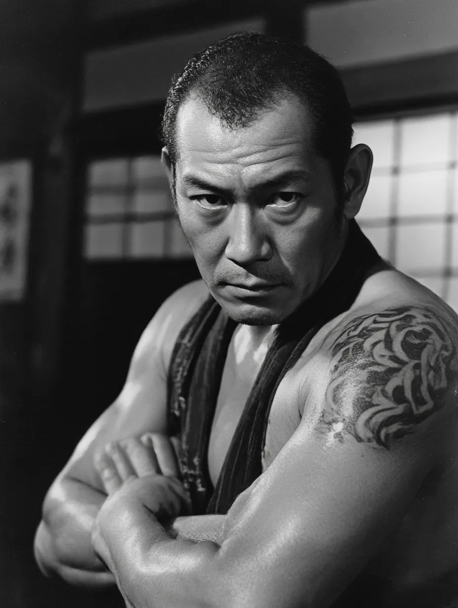 やくざ・鋼の眼光｜古風な白黒のトーンで描かれた筋肉質な男の鋭い視線が印象的。やくざの持つ時代劇的な重みと静かな威圧感が全身から漂う作品。