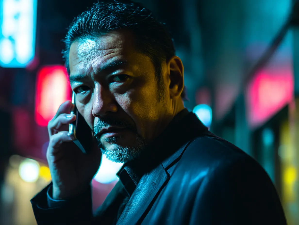 やくざ・闇の連絡者｜ネオンに照らされた夜の街角で、電話越しに睨みつける壮年の男。都会の裏社会に生きるやくざの冷徹さとリアリティが映し出されている。
