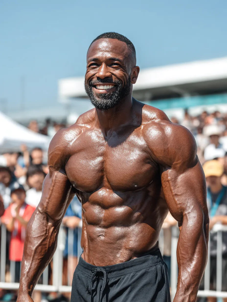 ボディービルダー・勝者の風格｜太陽の下で筋肉美を誇る姿が、まさにステージ上の王者そのもの。表情の明るさとボディービルダーとしての自信が共鳴している。