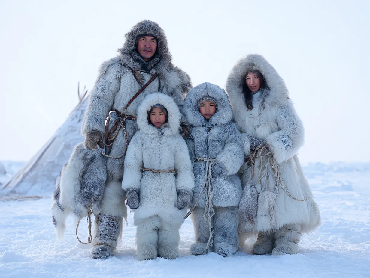 エスキモーの家族全景｜雪原の上で伝統服を着た家族が整然と並ぶ姿を明るく描写。エスキモーの生活文化を象徴する背景のテントや服装が、寒冷地での力強い日常を表現している。