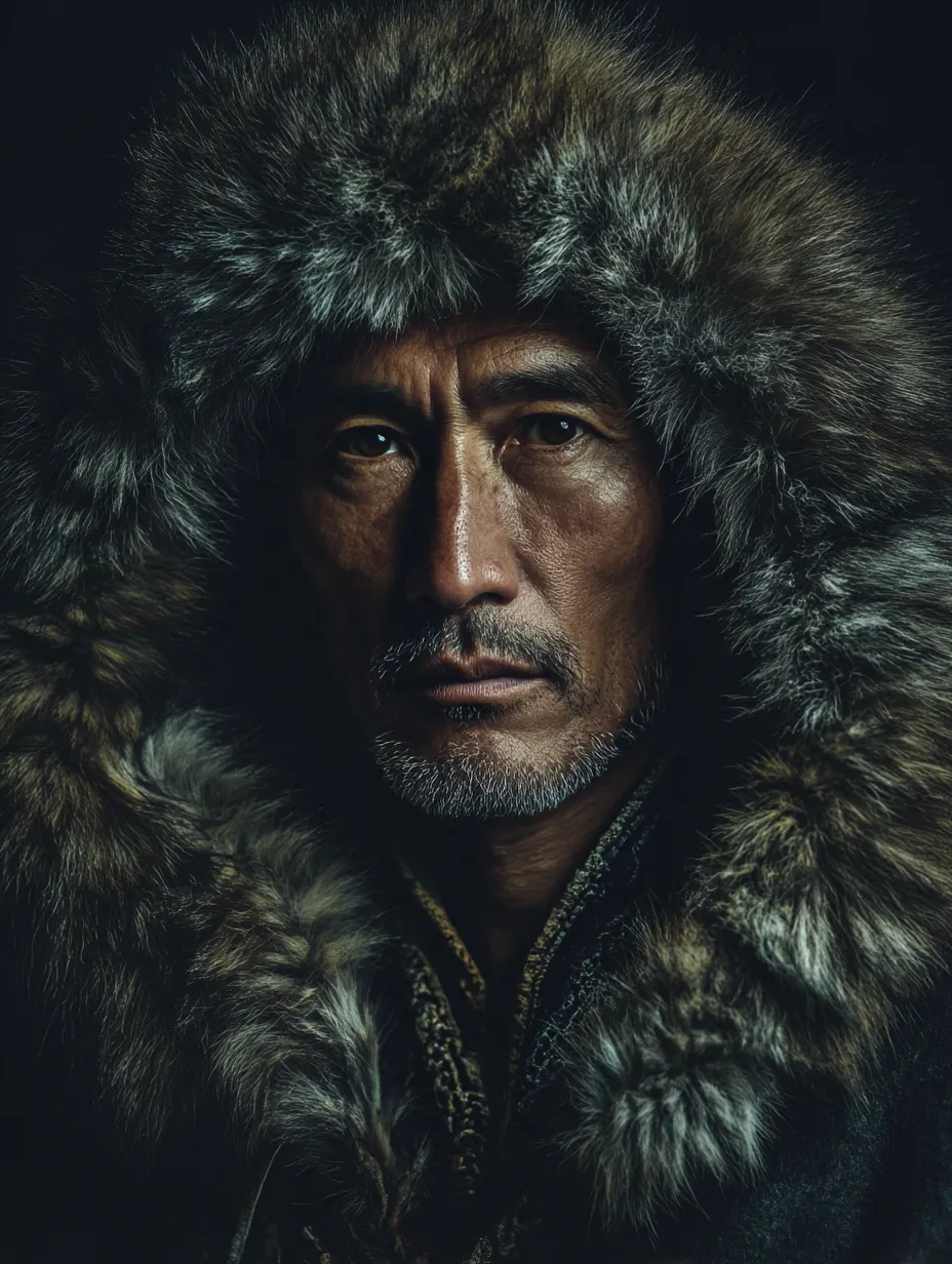 エスキモーの男性ポートレート｜闇に浮かぶような陰影で捉えられた男の顔アップ。深みのある眼差しと毛皮の質感が、エスキモーの精神的な強さや孤高の美学を静かに表現している。